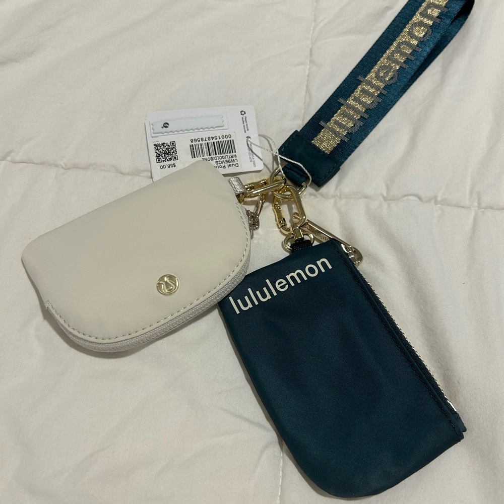 lululemon athletica dual pouch wristlet green ivory gold